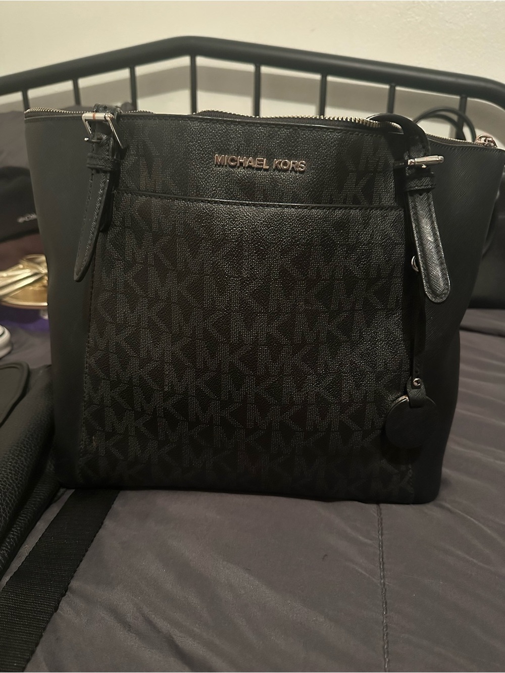Michael Kors Black and Gunmetal MK Logo Tote